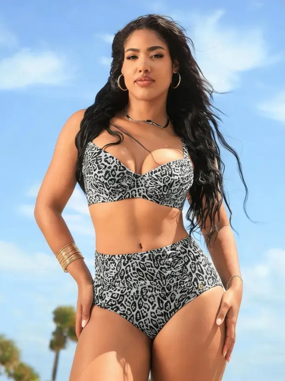 NWT/NWOT Popilush Shapewear Ruched Tummy Control Bikini Set in White Leopard